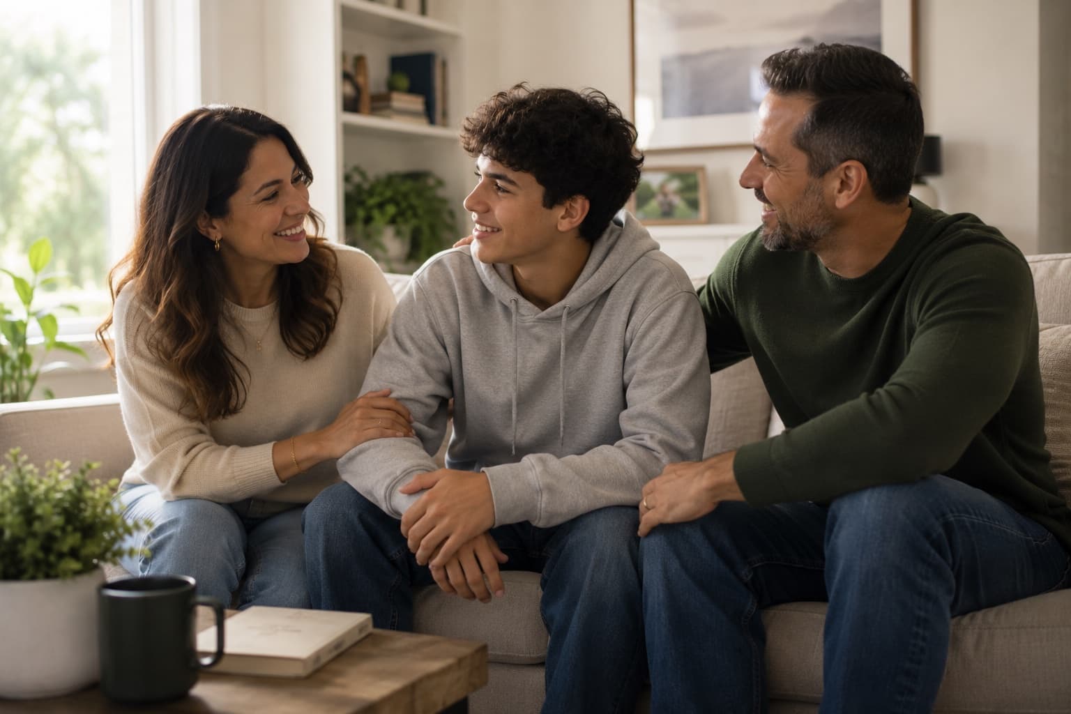 Parents sharing a warm conversation with their teen at home