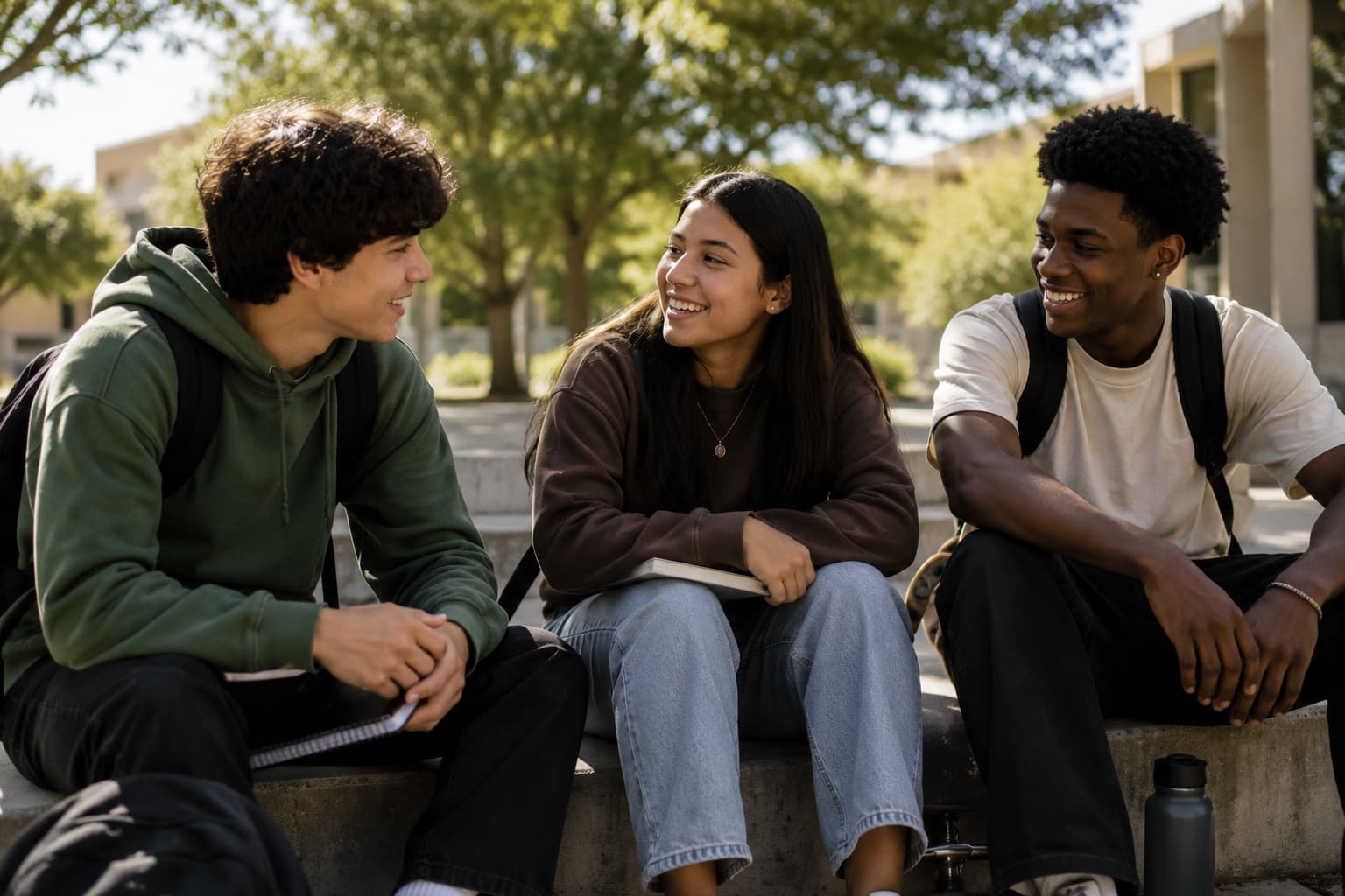Three teens sitting together outside, talking and laughing