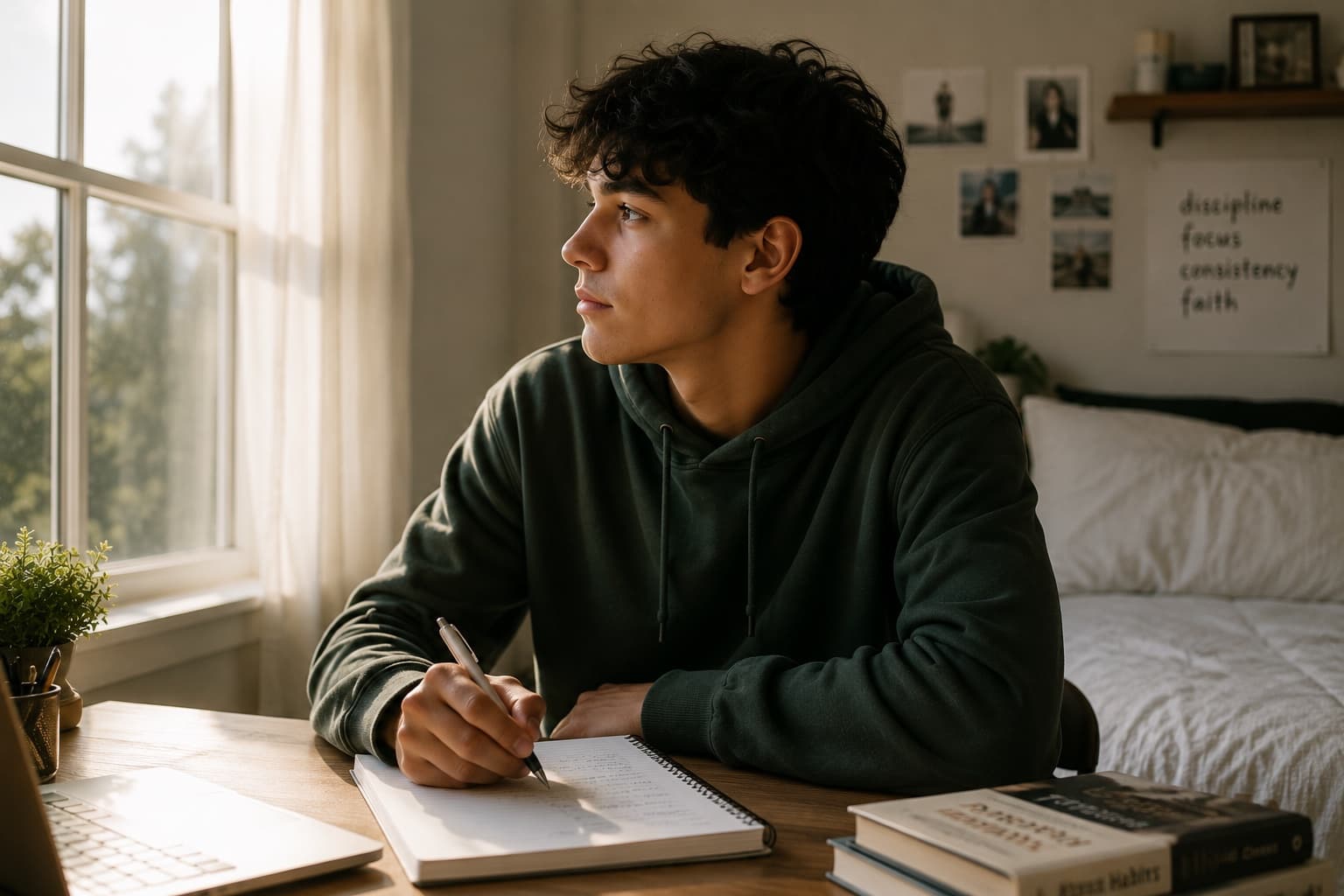 A teenager reflecting while journaling in warm morning light