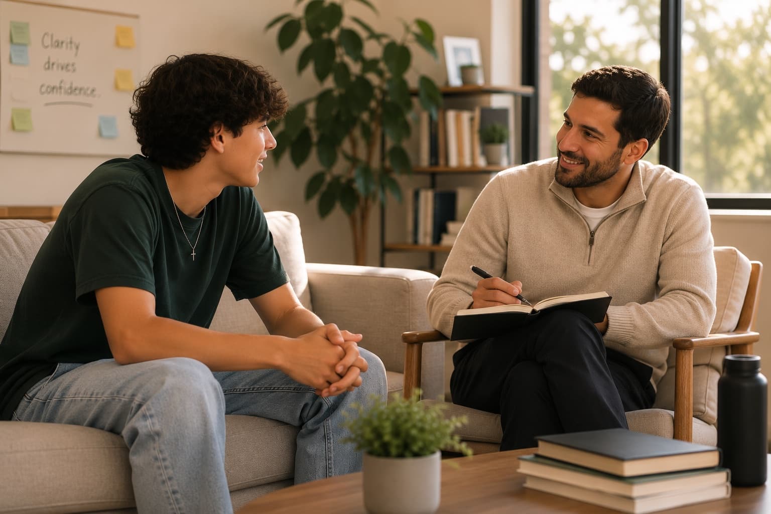 A coach listening to a teen during a relaxed conversation