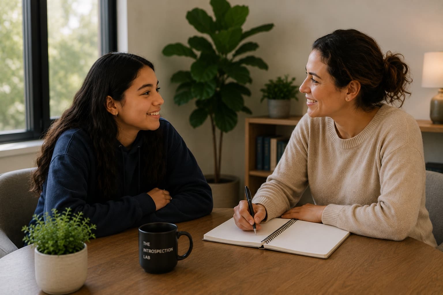 A coach and a teen sharing a warm coaching conversation at a table