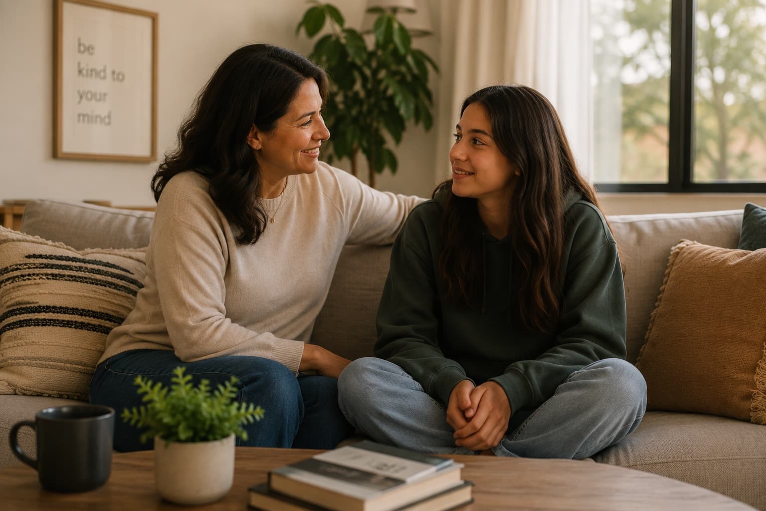 A mother and her teen daughter talking together at home