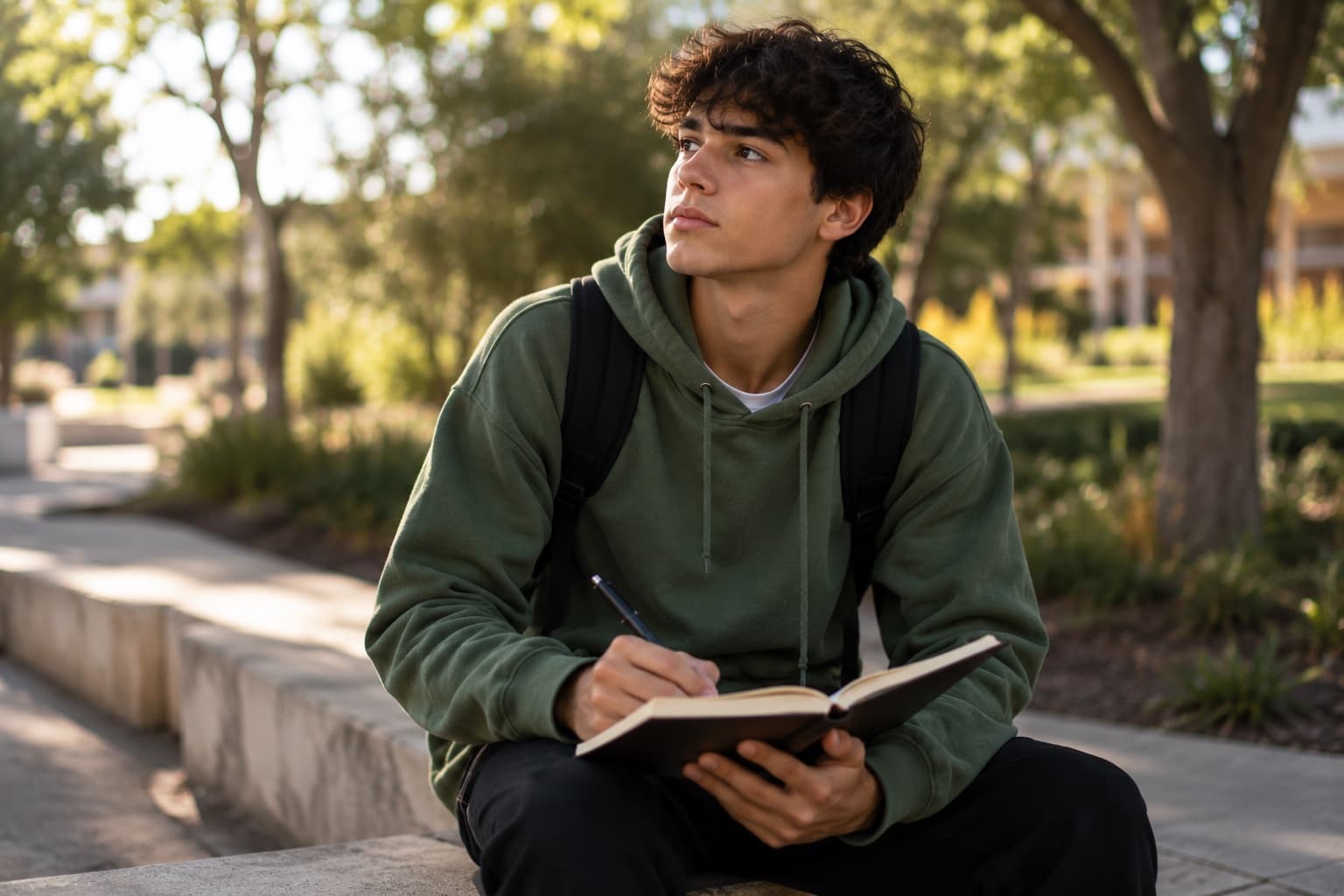 A teen sitting outside on campus with a journal, looking toward the future